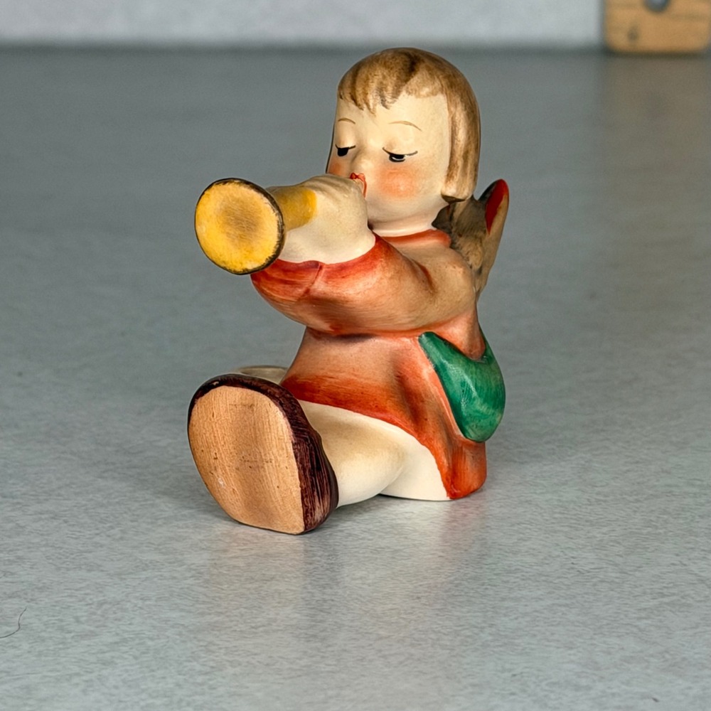 Goebel W Germany Angel Figurine Seated with Trumpet Horn Blue V Mark Vintage